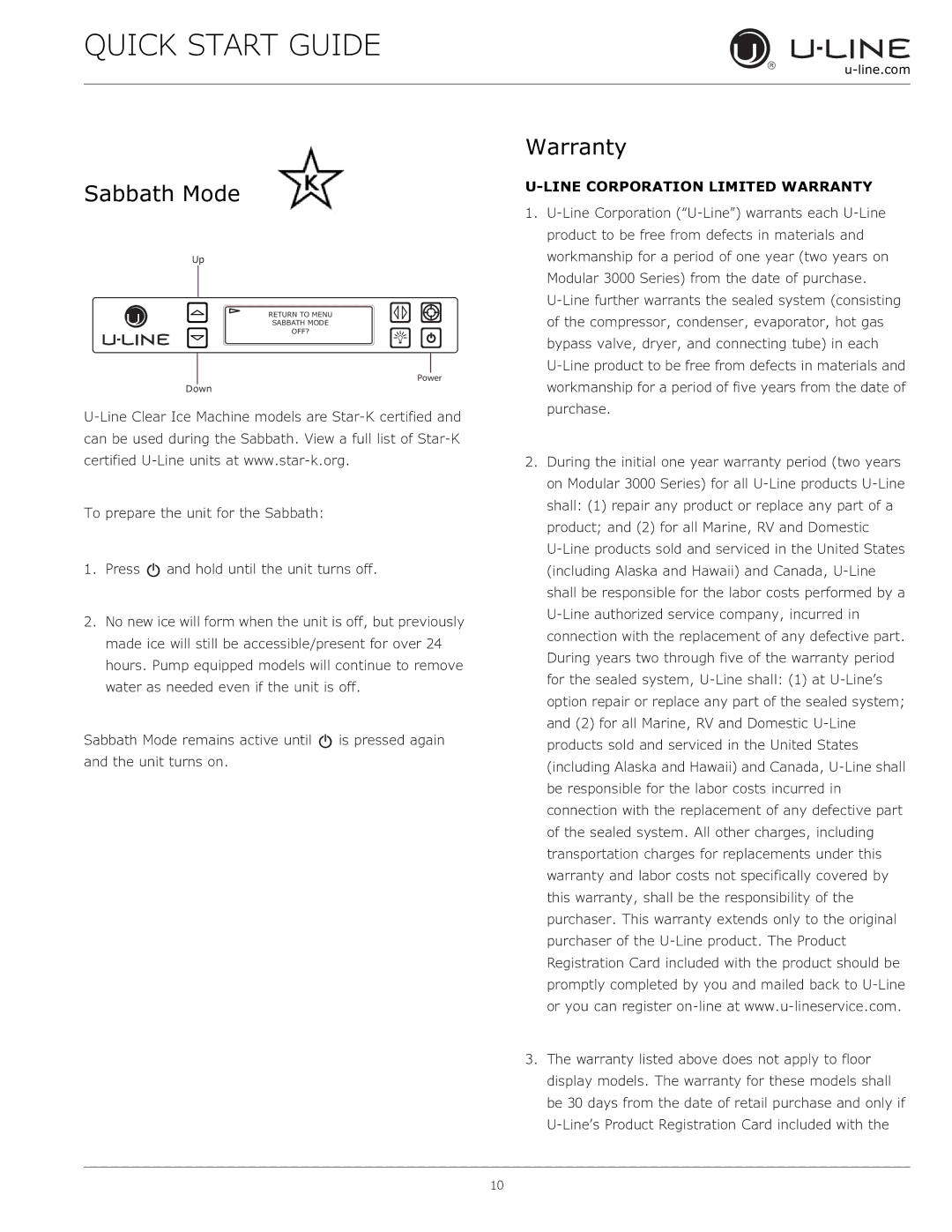 U-Line 3018 CLR  115 V / 60 Hz quick start Sabbath Mode, Line Corporation Limited Warranty 