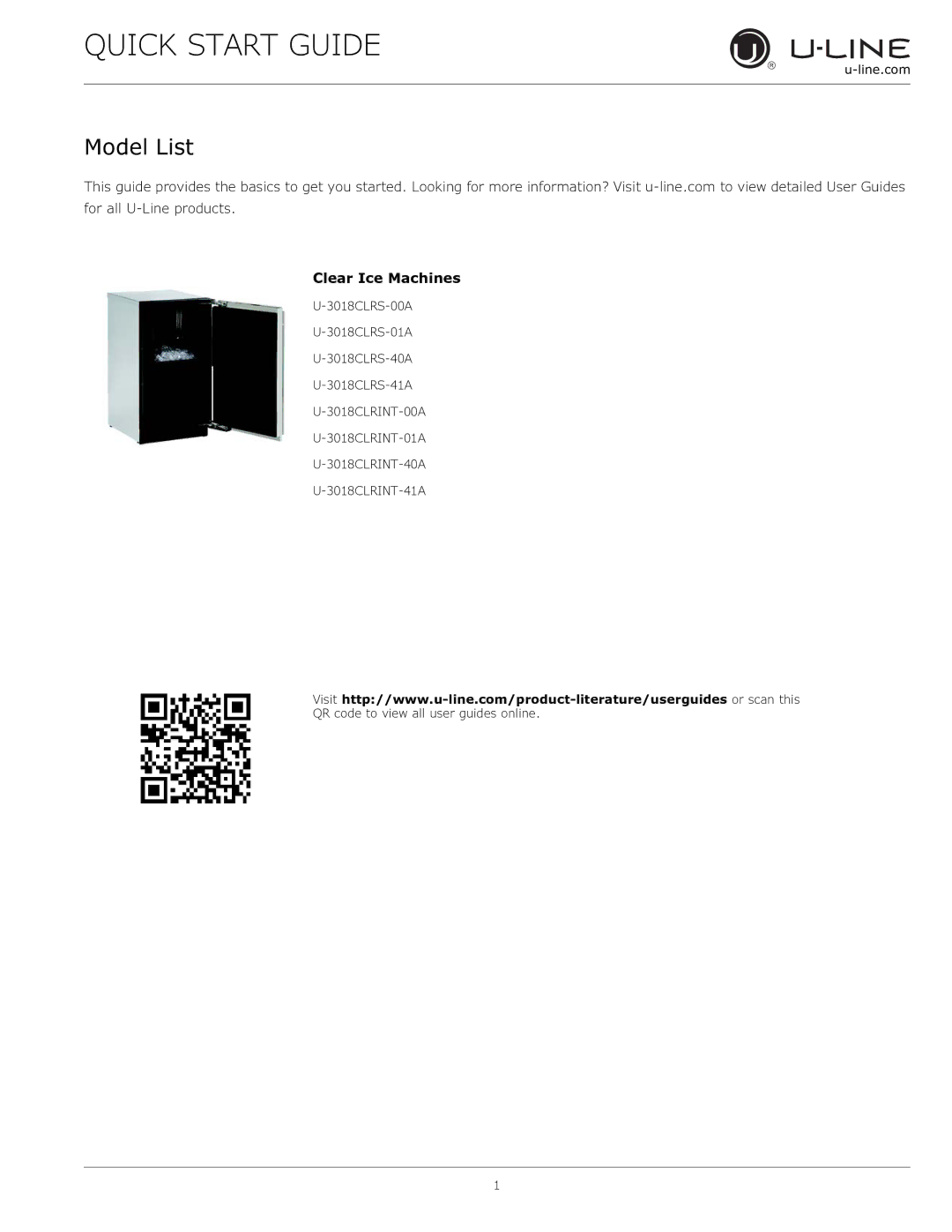 U-Line 3018 CLR  115 V / 60 Hz quick start Model List, Clear Ice Machines 