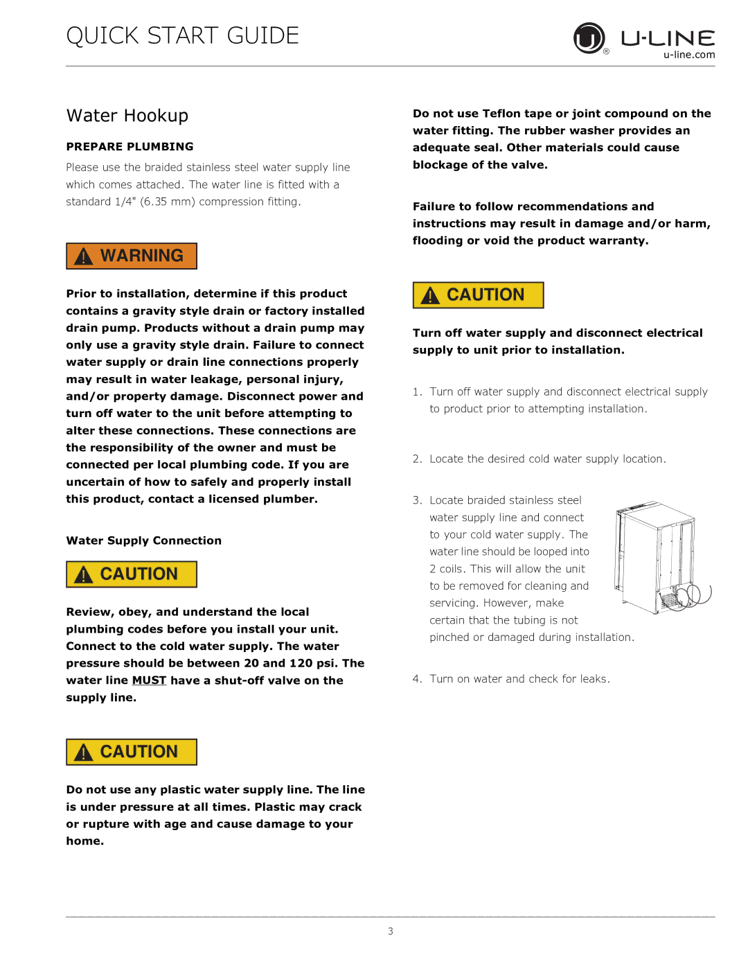 U-Line 3018 CLR  115 V / 60 Hz quick start Water Hookup, Prepare Plumbing 