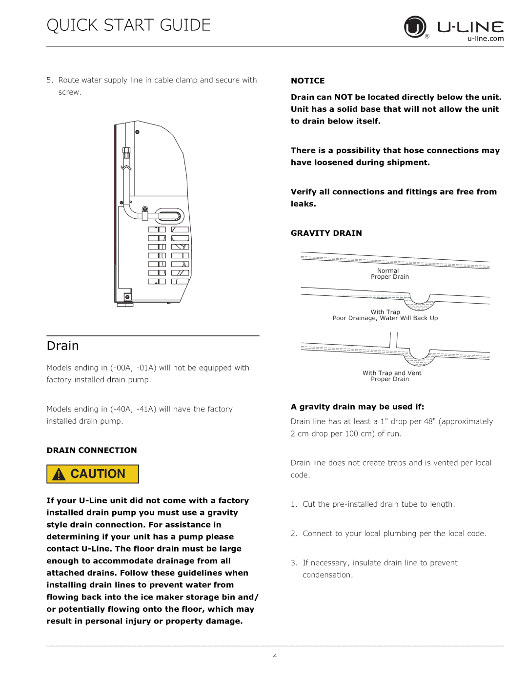 U-Line 3018 CLR  115 V / 60 Hz quick start Drain Connection, Gravity Drain 