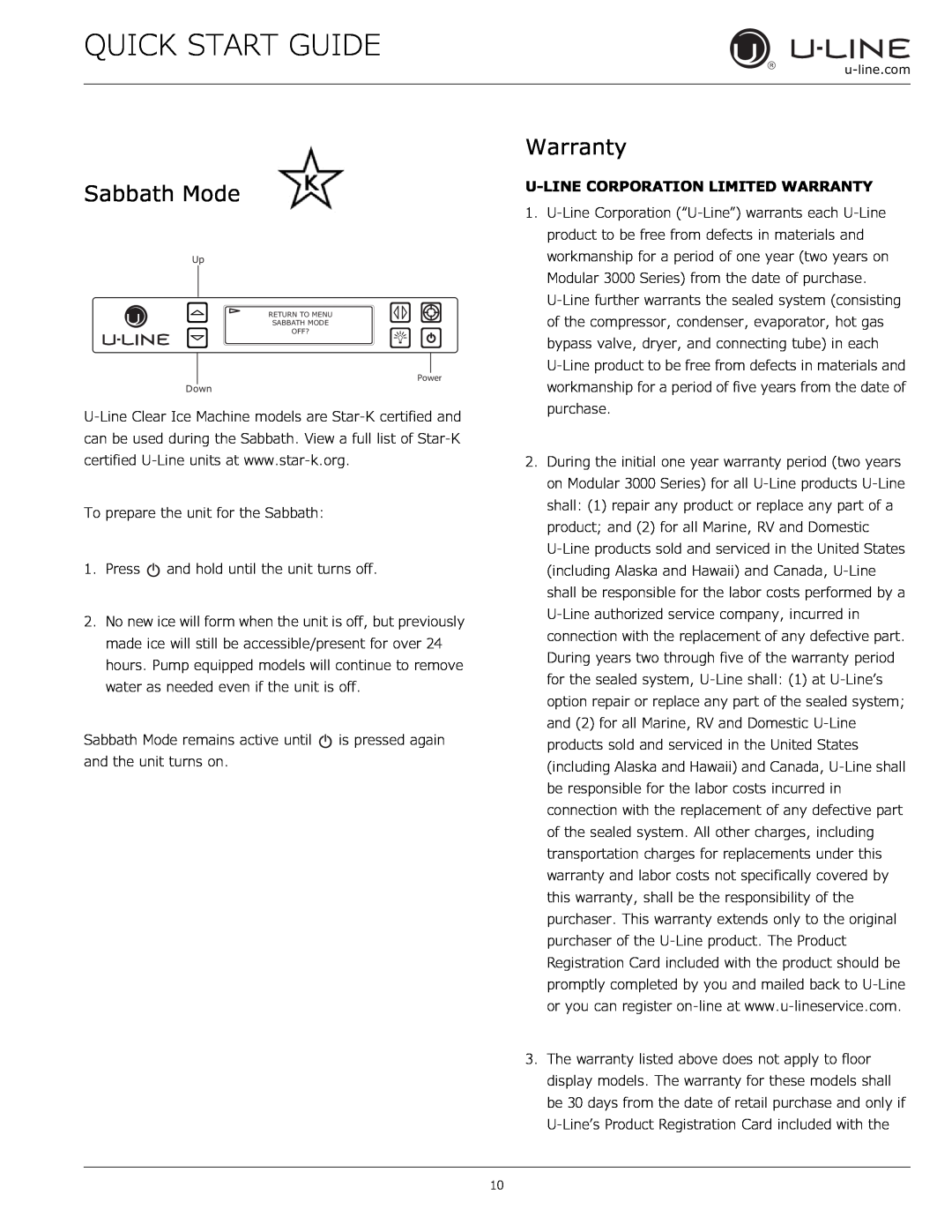 U-Line 3018 CLR  115 V / 60 Hz quick start Sabbath Mode, Quick Start Guide, U-Linecorporation Limited Warranty 