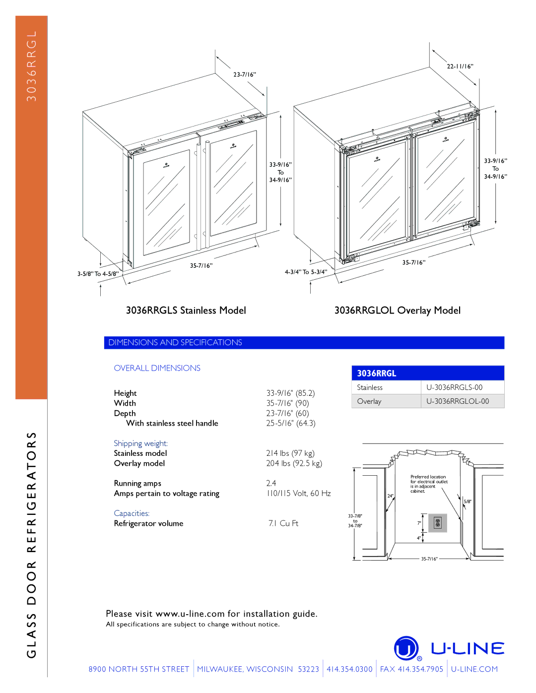 U-Line 3036RRGL 3000 SERIES manual 3036RRGLOL Overlay Model, Shipping weight, Capacities 