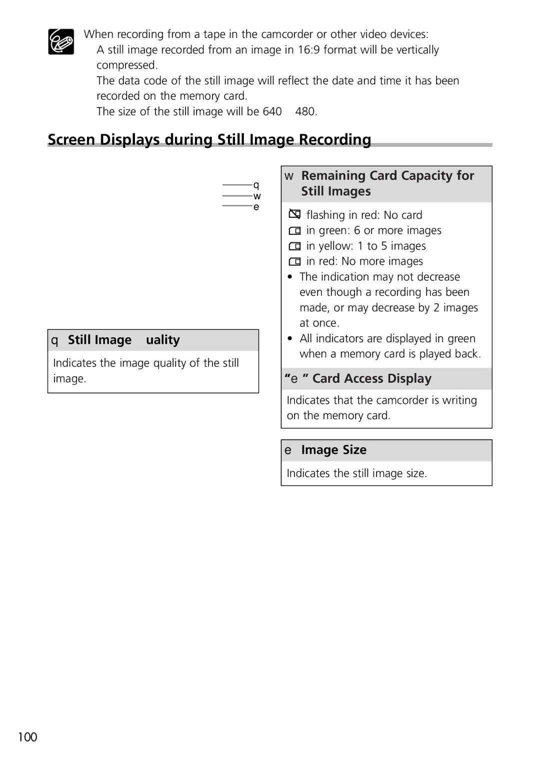 U-Line 40, 30 Screen Displays during Still Image Recording, Remaining Card Capacity for, Still Images, Card Access Display 