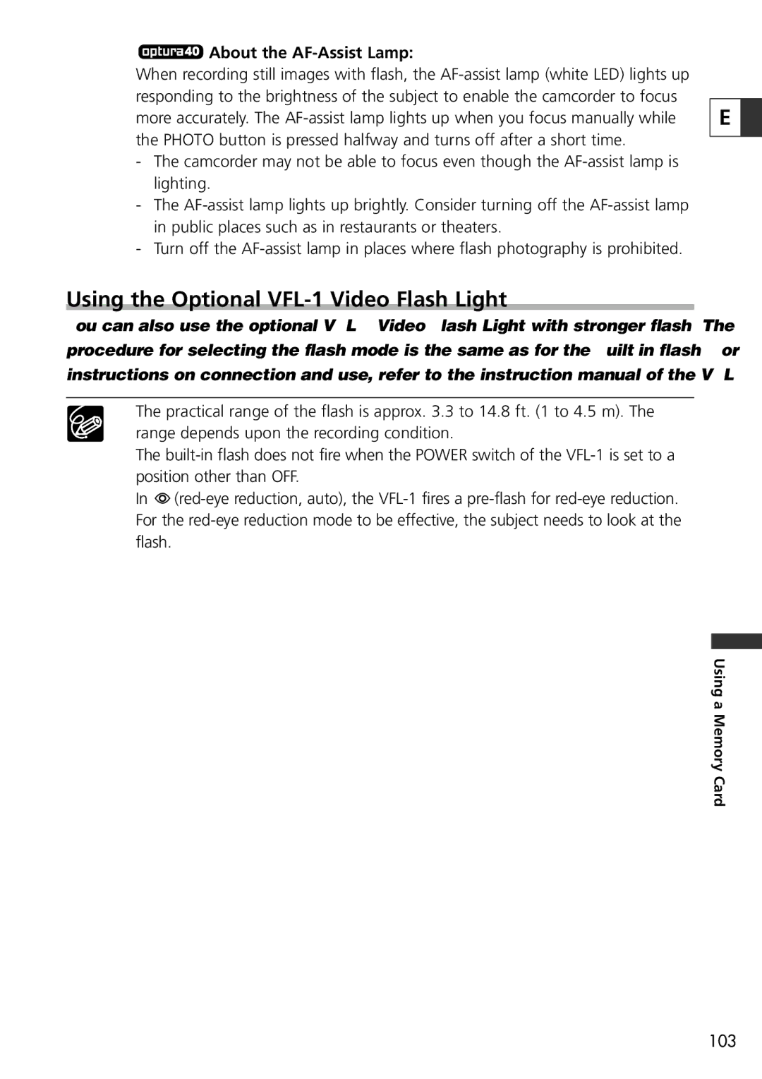 U-Line 30, 40 instruction manual Using the Optional VFL-1 Video Flash Light, About the AF-Assist Lamp 