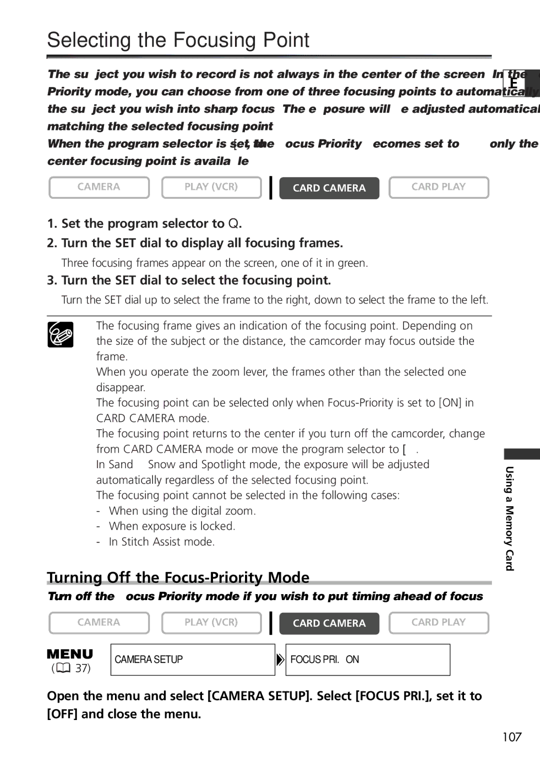 U-Line 30, 40 instruction manual Selecting the Focusing Point, Turning Off the Focus-Priority Mode 