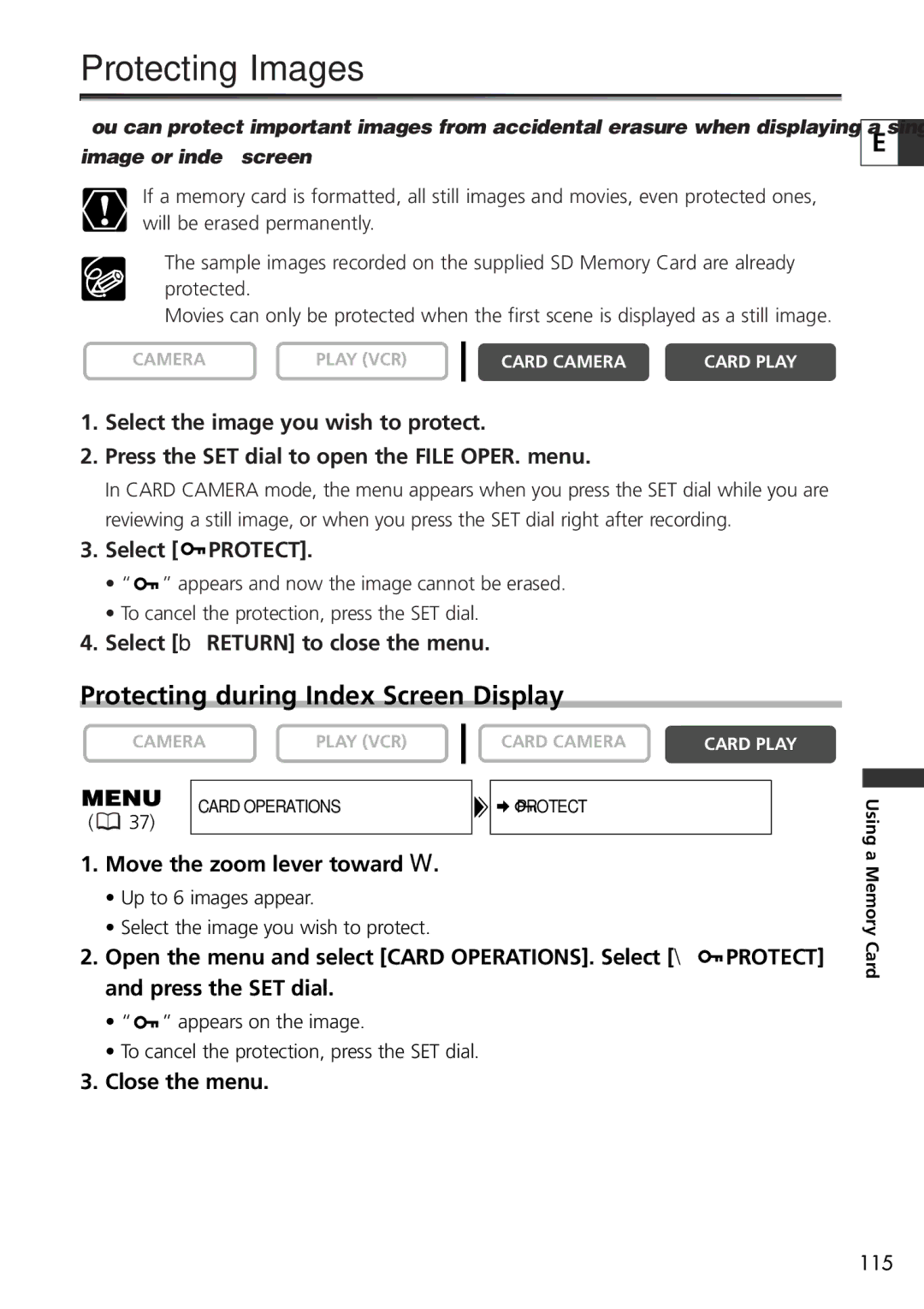 U-Line 30, 40 Protecting Images, Protecting during Index Screen Display, Select Protect, Select b Return to close the menu 