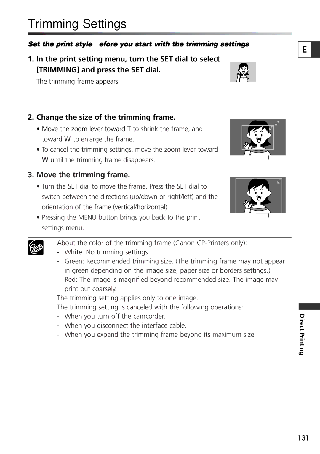 U-Line 30, 40 instruction manual Trimming Settings, Change the size of the trimming frame, Move the trimming frame 