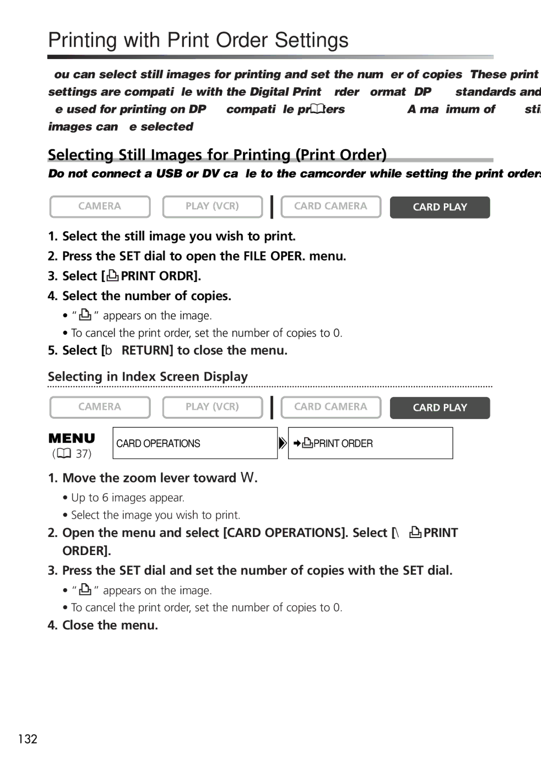 U-Line 40, 30 instruction manual Printing with Print Order Settings, Selecting Still Images for Printing Print Order 