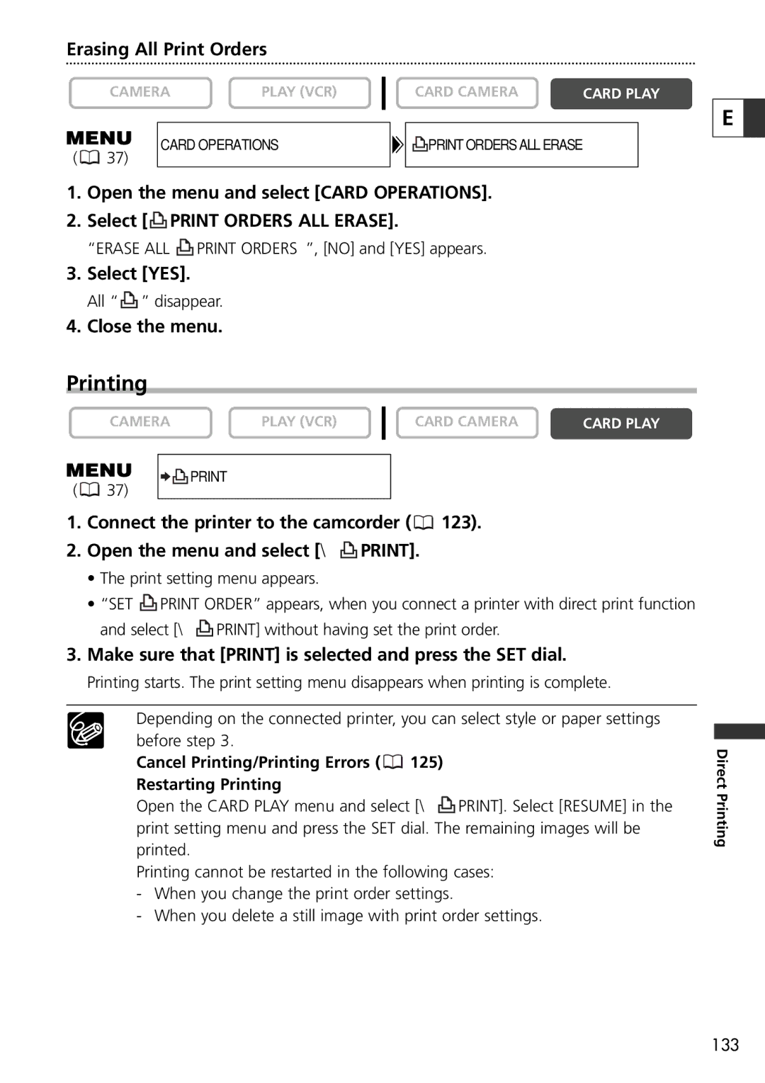 U-Line 30, 40 instruction manual Printing, Erasing All Print Orders, Make sure that Print is selected and press the SET dial 