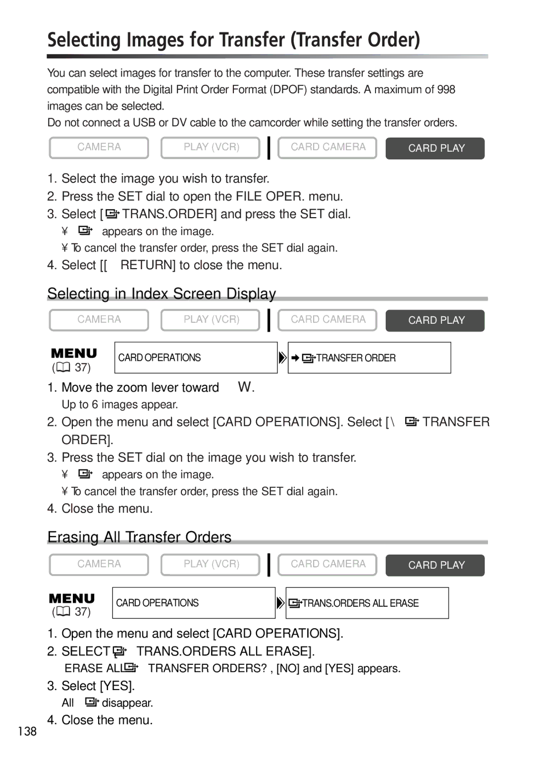 U-Line 40, 30 Selecting Images for Transfer Transfer Order, Selecting in Index Screen Display, Erasing All Transfer Orders 