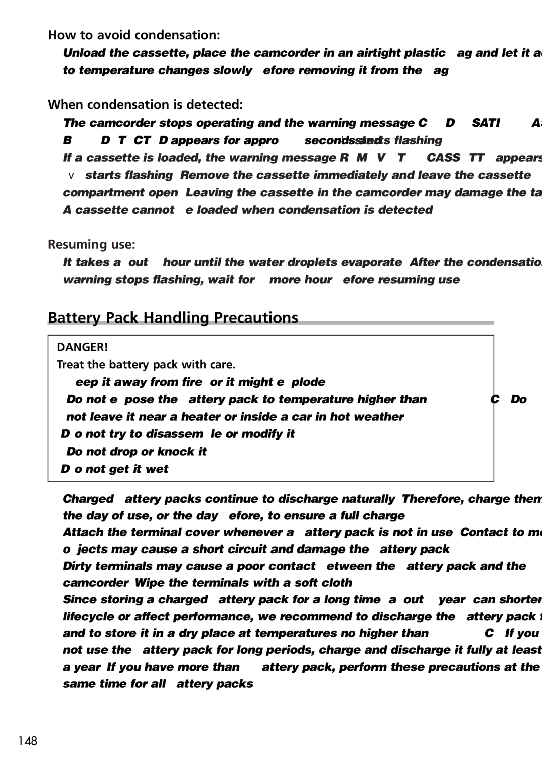 U-Line 40, 30 Battery Pack Handling Precautions, How to avoid condensation, When condensation is detected, Resuming use 