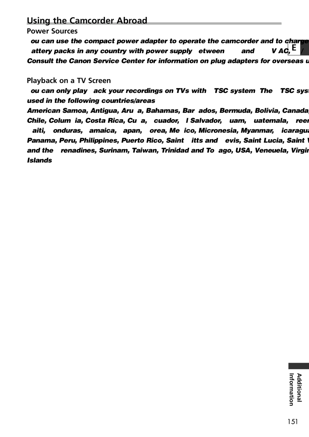 U-Line 30, 40 instruction manual Using the Camcorder Abroad, Power Sources, Playback on a TV Screen 