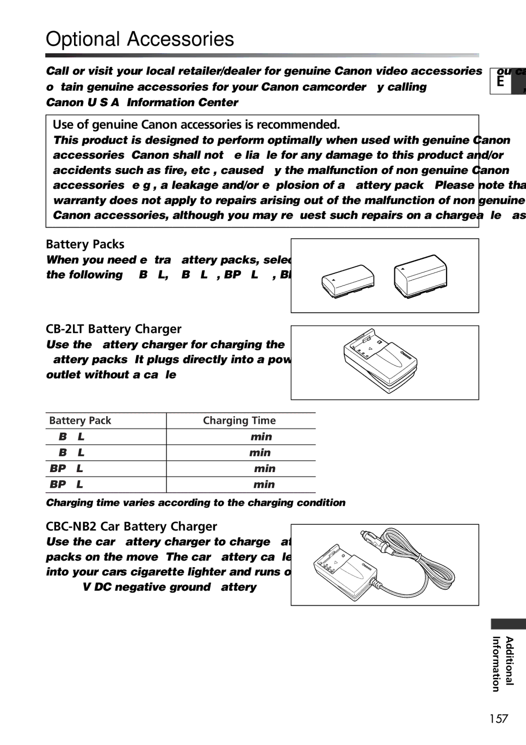 U-Line 30, 40 Optional Accessories, Use of genuine Canon accessories is recommended, Battery Packs, CB-2LT Battery Charger 