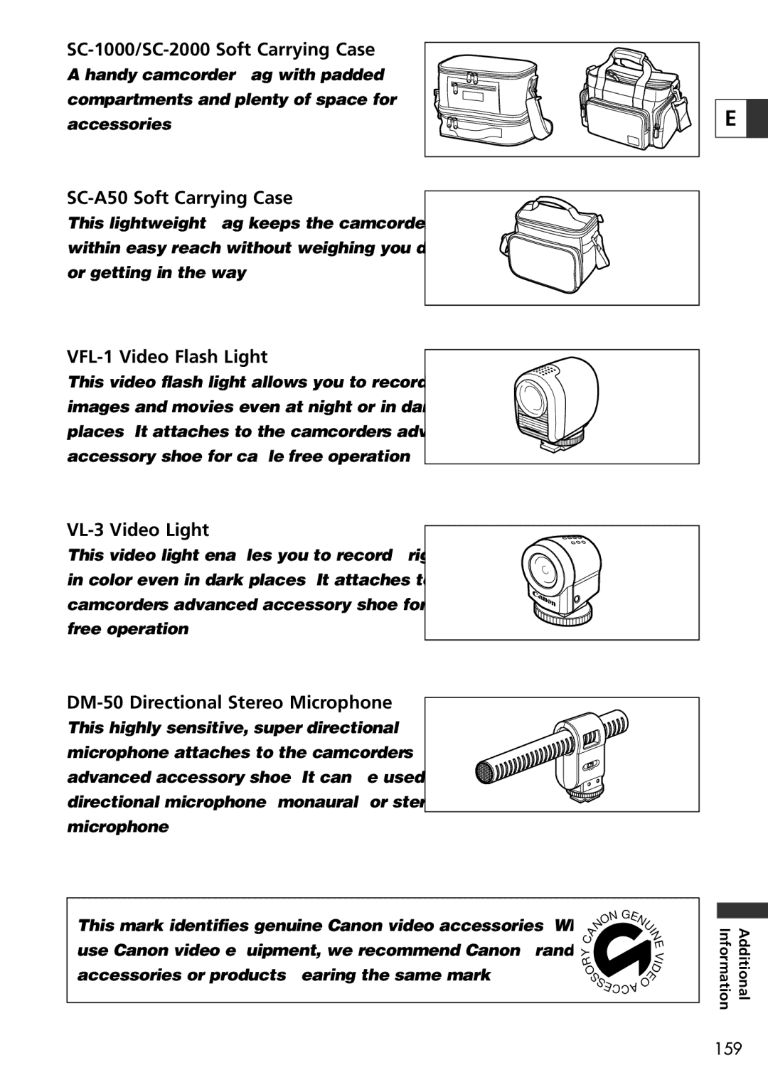 U-Line 30, 40 SC-1000/SC-2000 Soft Carrying Case, SC-A50 Soft Carrying Case, VFL-1 Video Flash Light, VL-3 Video Light 