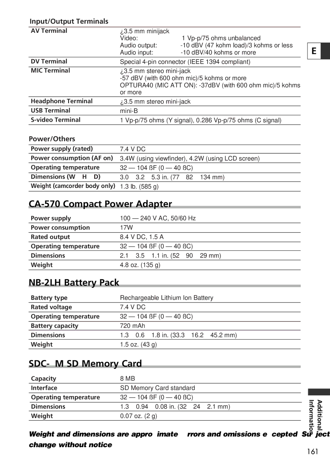 U-Line 30, 40 instruction manual CA-570 Compact Power Adapter, NB-2LH Battery Pack, SDC-8M SD Memory Card 