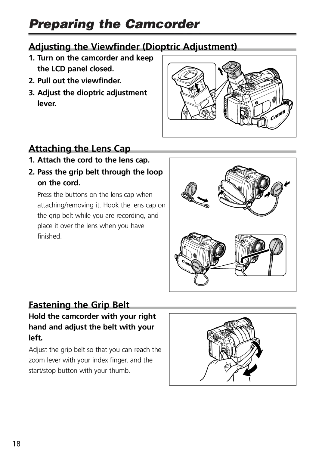 U-Line 40, 30 Preparing the Camcorder, Adjusting the Viewfinder Dioptric Adjustment, Attaching the Lens Cap 