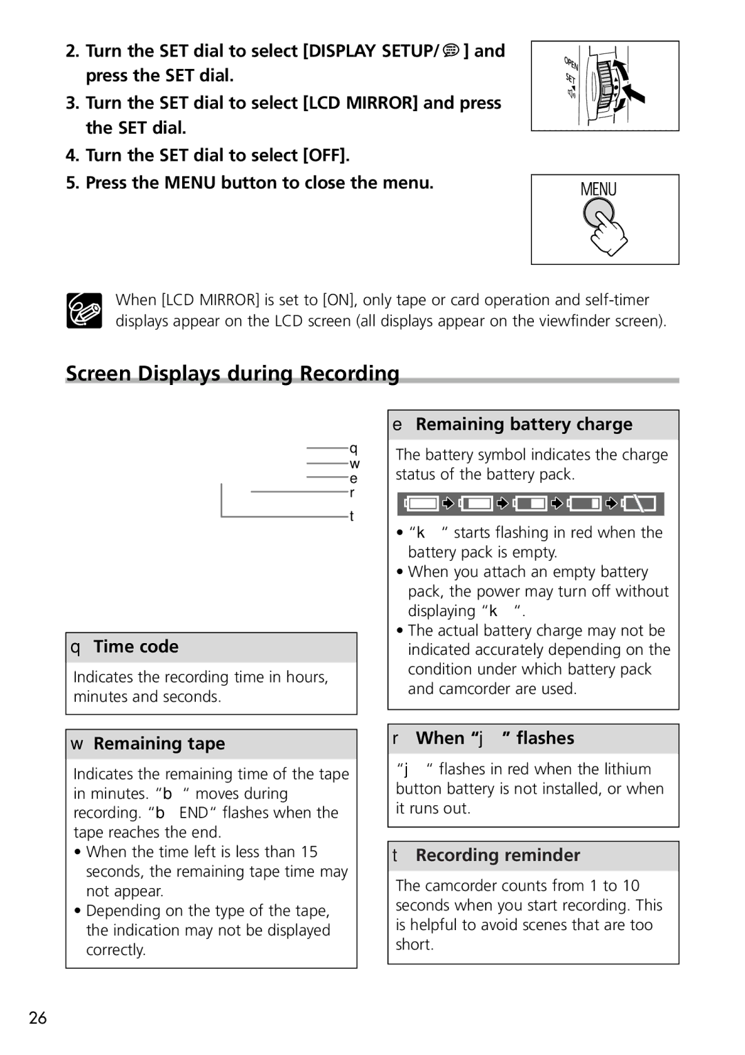 U-Line 40, 30 instruction manual Screen Displays during Recording, Recording reminder 