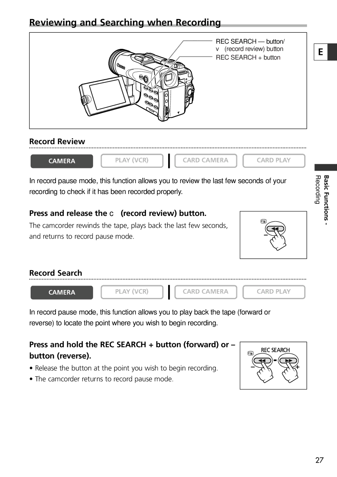 U-Line 30, 40 Reviewing and Searching when Recording, Record Review, Press and release the c record review button 