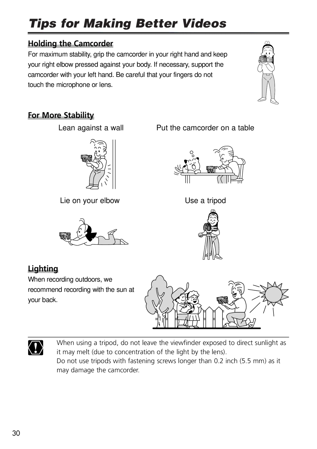 U-Line 40, 30 instruction manual Tips for Making Better Videos, Holding the Camcorder 