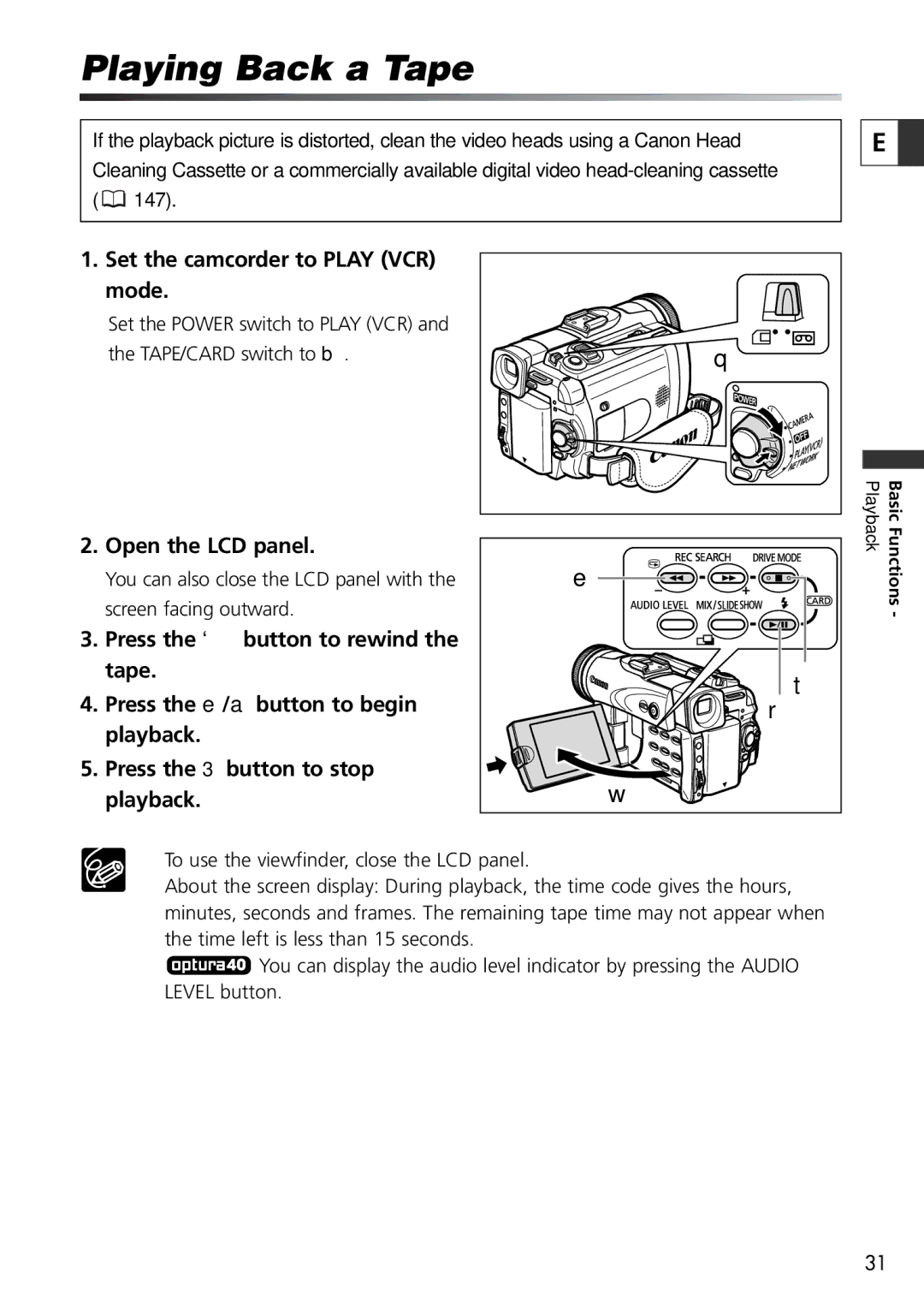 U-Line 30, 40 instruction manual Playing Back a Tape, Set the camcorder to Play VCR mode, Open the LCD panel 