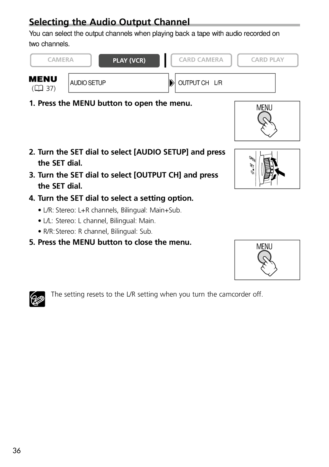 U-Line 40, 30 instruction manual Selecting the Audio Output Channel, Press the Menu button to close the menu 