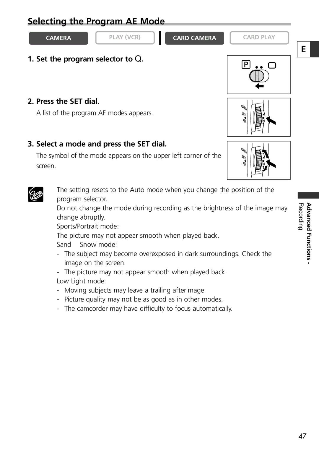 U-Line 30, 40 instruction manual Selecting the Program AE Mode, Set the program selector to Q Press the SET dial 