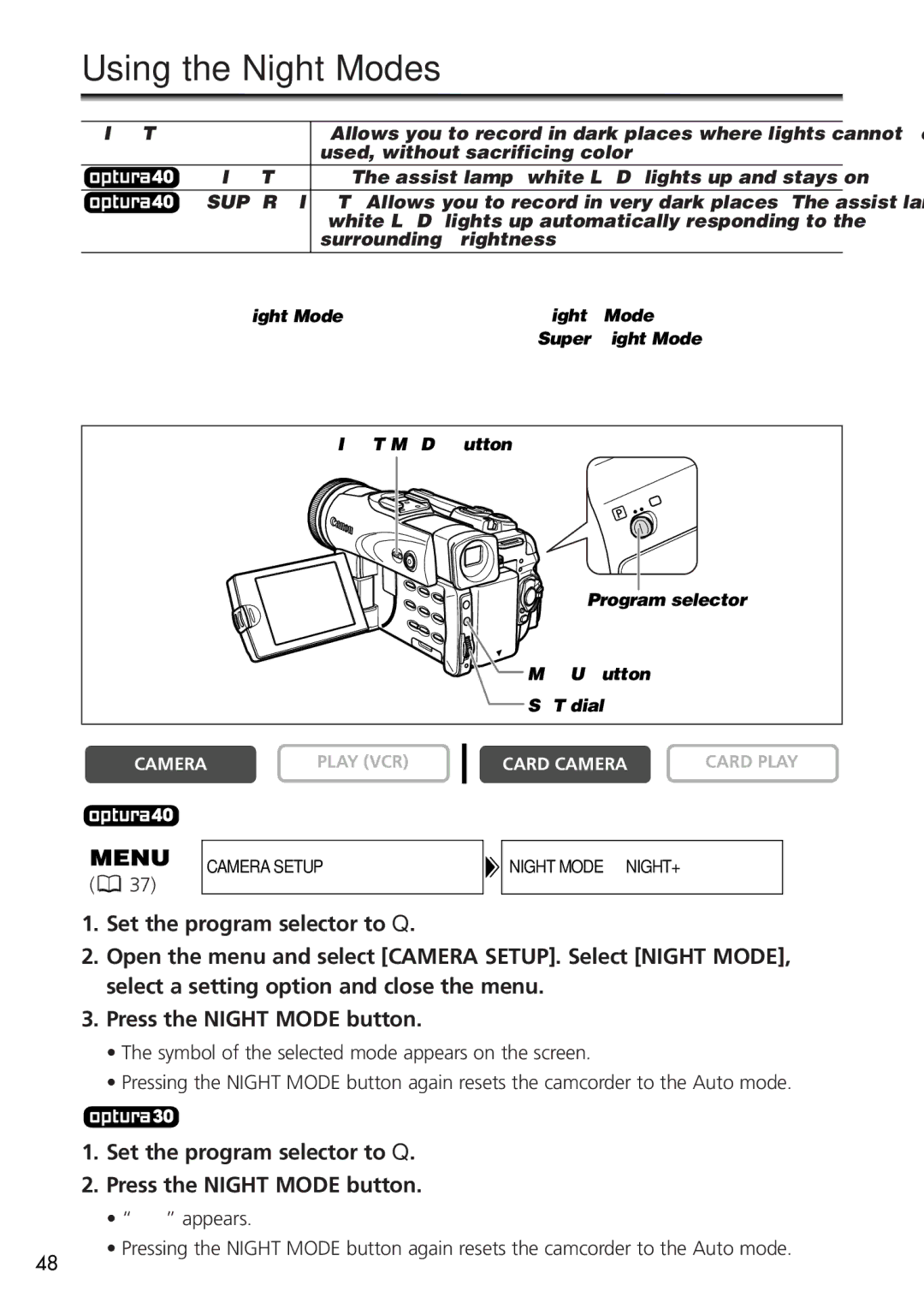 U-Line 40, 30 instruction manual Using the Night Modes, Set the program selector to Q Press the Night Mode button 