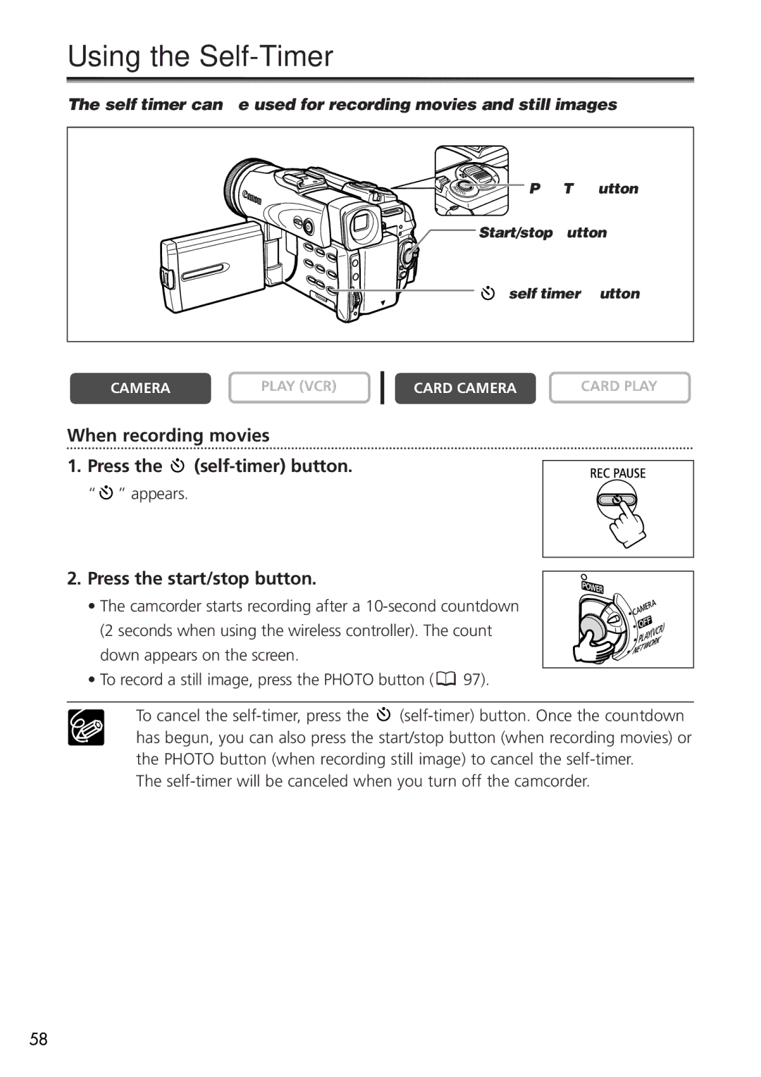 U-Line 40, 30 Using the Self-Timer, When recording movies Press the self-timer button, Press the start/stop button 