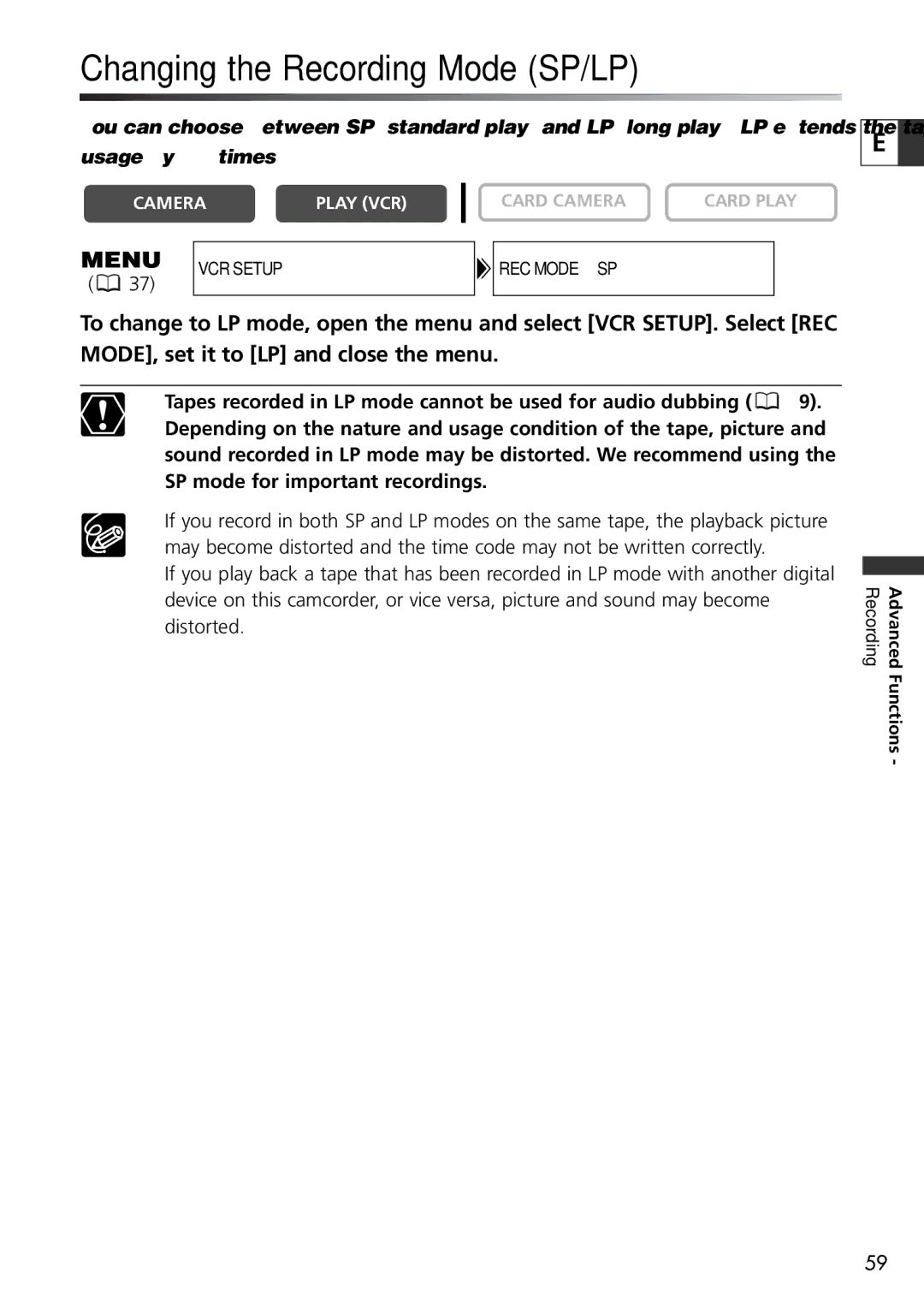 U-Line 30, 40 instruction manual Changing the Recording Mode SP/LP 