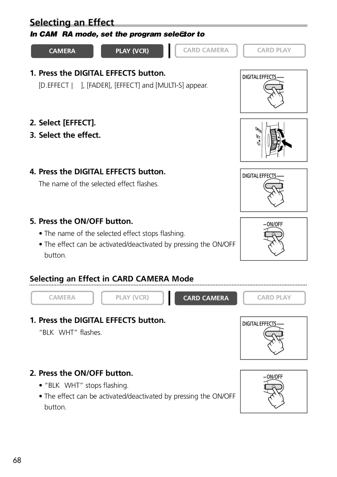 U-Line 40, 30 instruction manual Press the ON/OFF button, Selecting an Effect in Card Camera Mode 