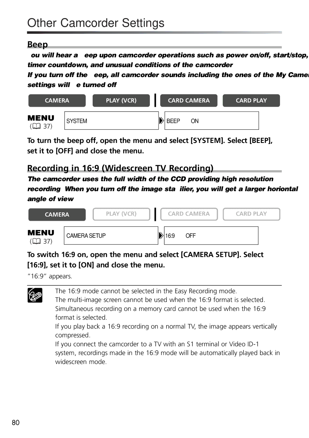 U-Line 40, 30 instruction manual Other Camcorder Settings, Beep, Recording in 169 Widescreen TV Recording 