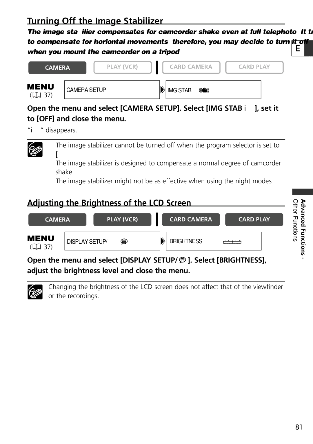 U-Line 30, 40 instruction manual Turning Off the Image Stabilizer, Adjusting the Brightness of the LCD Screen 