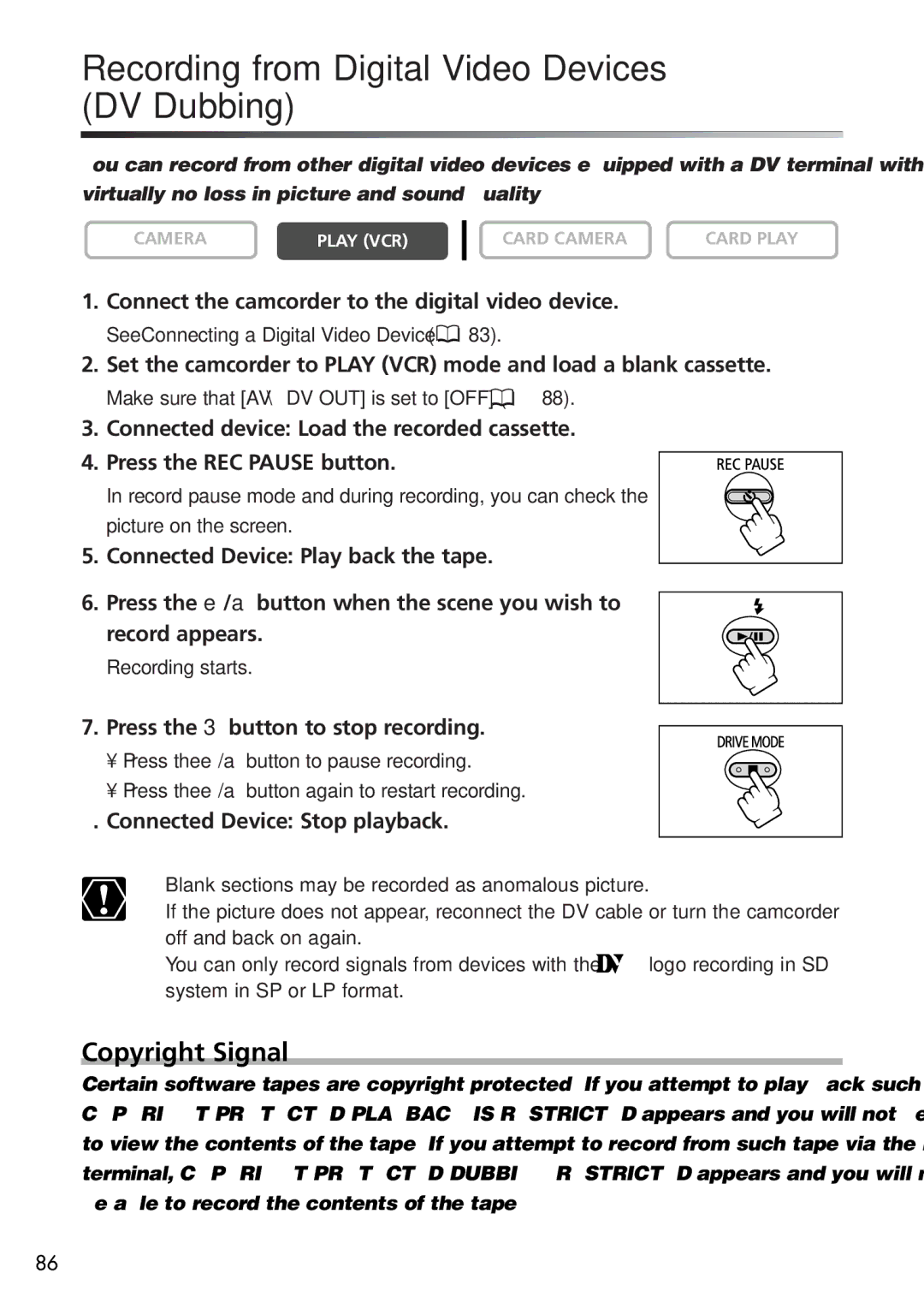 U-Line 40, 30 instruction manual Recording from Digital Video Devices DV Dubbing, Copyright Signal 