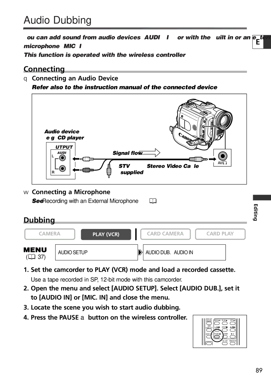 U-Line 30, 40 instruction manual Audio Dubbing, Connecting an Audio Device, Connecting a Microphone 