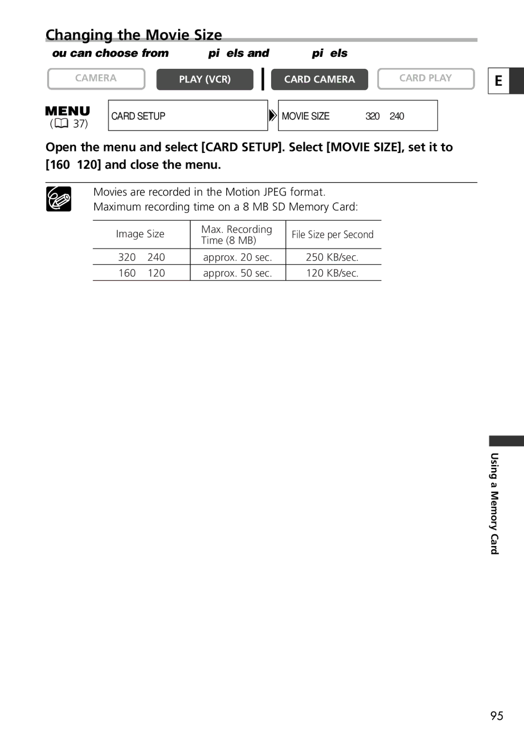 U-Line 30, 40 instruction manual Changing the Movie Size 