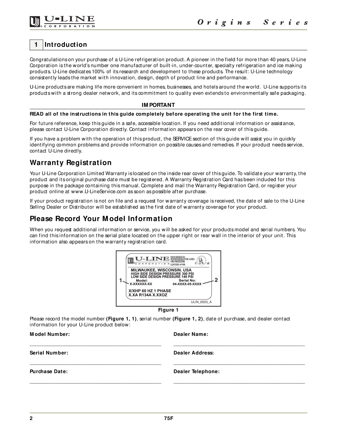 U-Line 75F manual Warranty Registration, Please Record Your Model Information, Introduction 