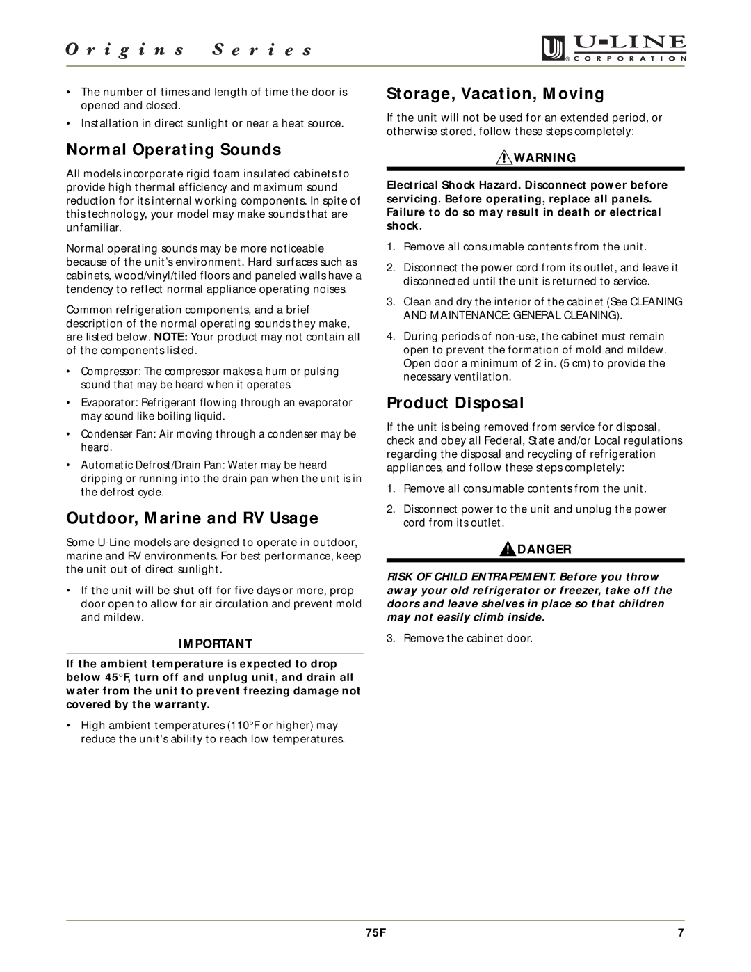 U-Line 75F manual Normal Operating Sounds, Outdoor, Marine and RV Usage, Storage, Vacation, Moving, Product Disposal 