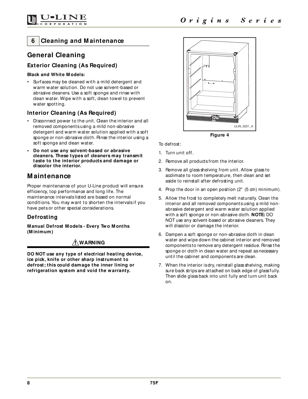 U-Line 75F manual General Cleaning, Cleaning and Maintenance 