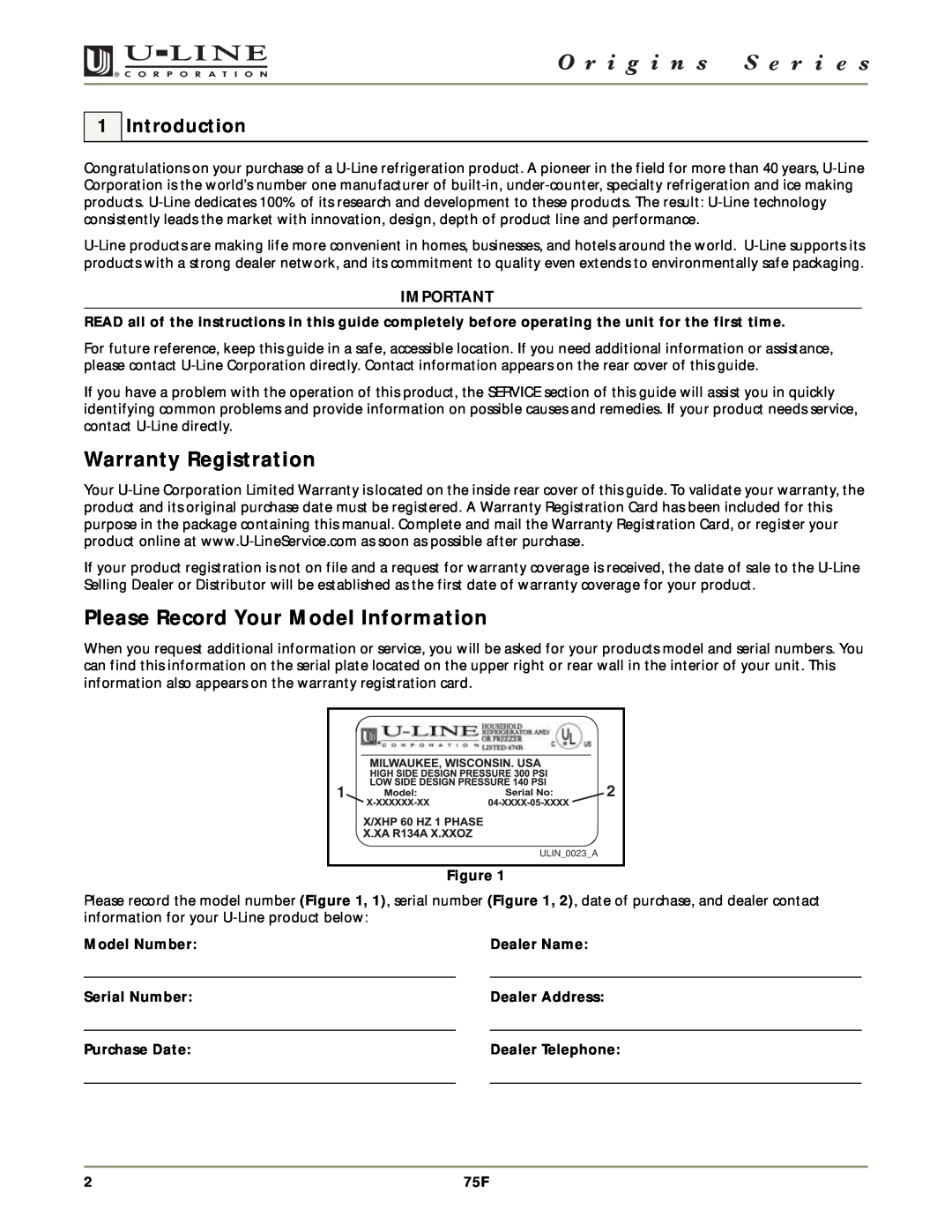 U-Line 75F manual Warranty Registration, Please Record Your Model Information, Introduction, Model Number, Dealer Name 