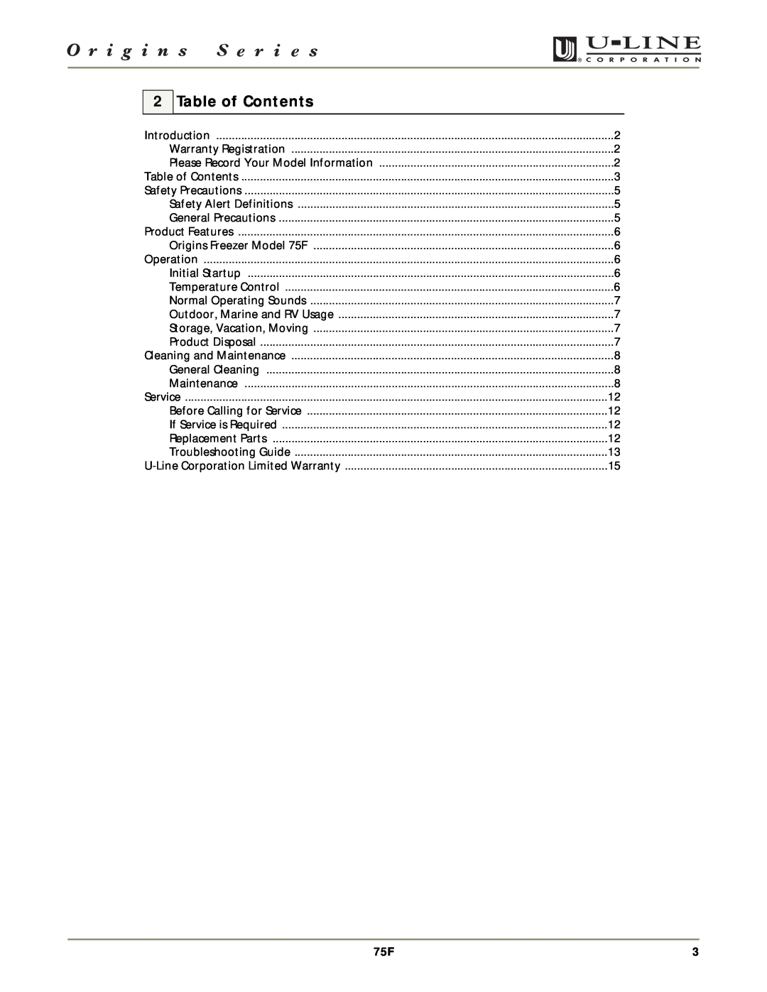U-Line 75F manual Table of Contents 