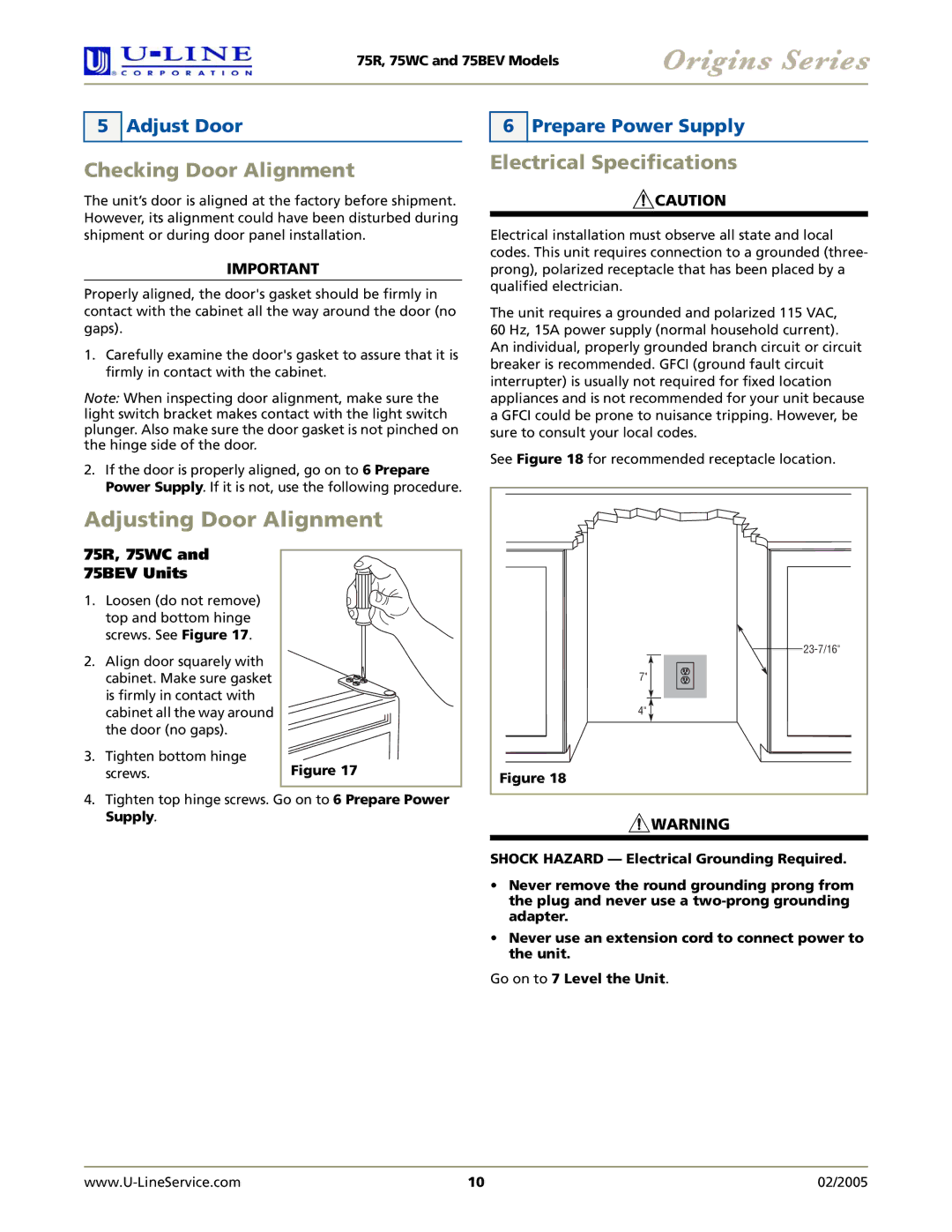 U-Line 75BEV, 75R, 75WC manual Checking Door Alignment, Electrical Specifications, Adjust Door, Prepare Power Supply 