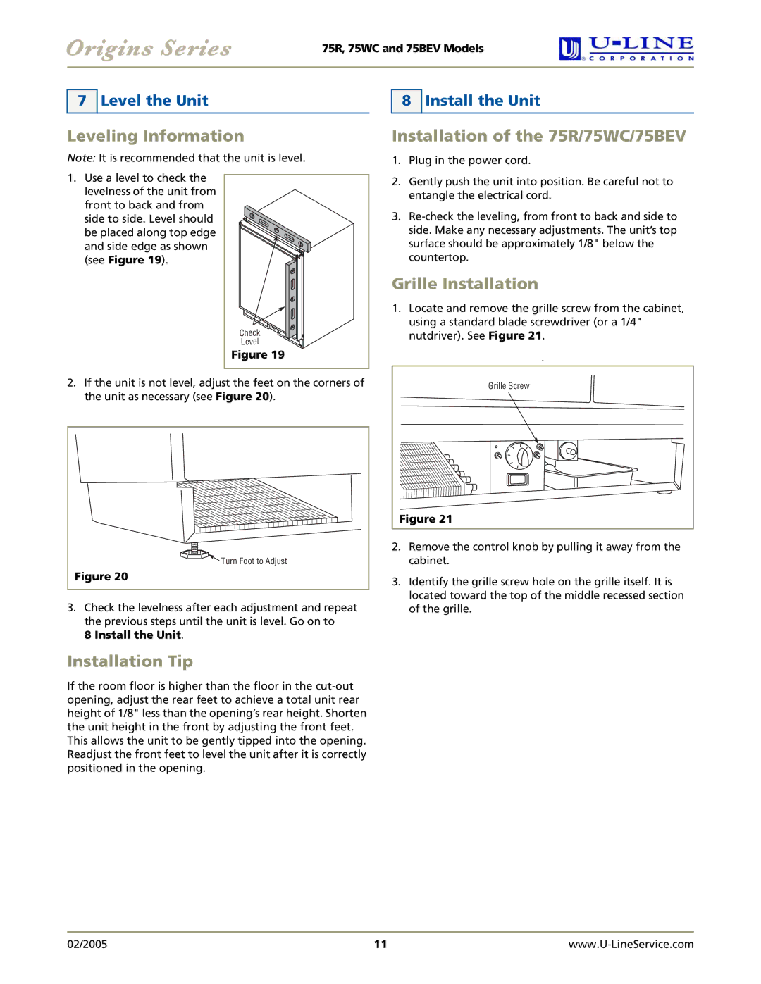 U-Line manual Leveling Information Installation of the 75R/75WC/75BEV, Grille Installation, Installation Tip 