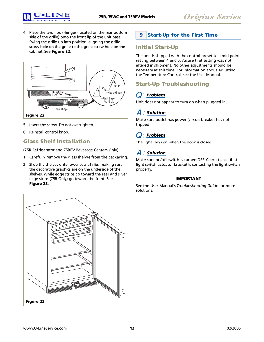 U-Line 75R, 75BEV, 75WC Initial Start-Up, Glass Shelf Installation, Start-Up Troubleshooting, Start-Up for the First Time 