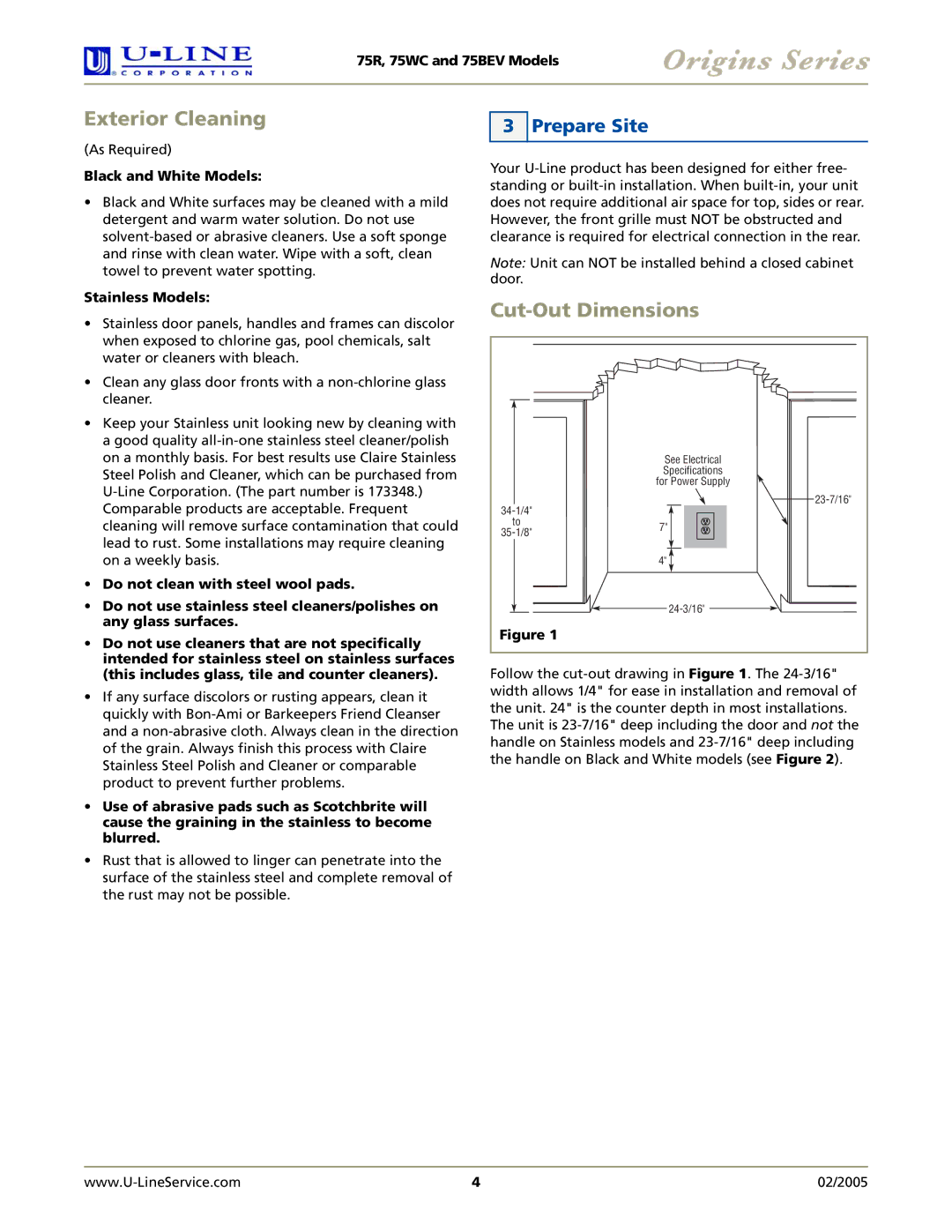 U-Line 75BEV, 75R, 75WC manual Exterior Cleaning, Cut-Out Dimensions, Prepare Site 