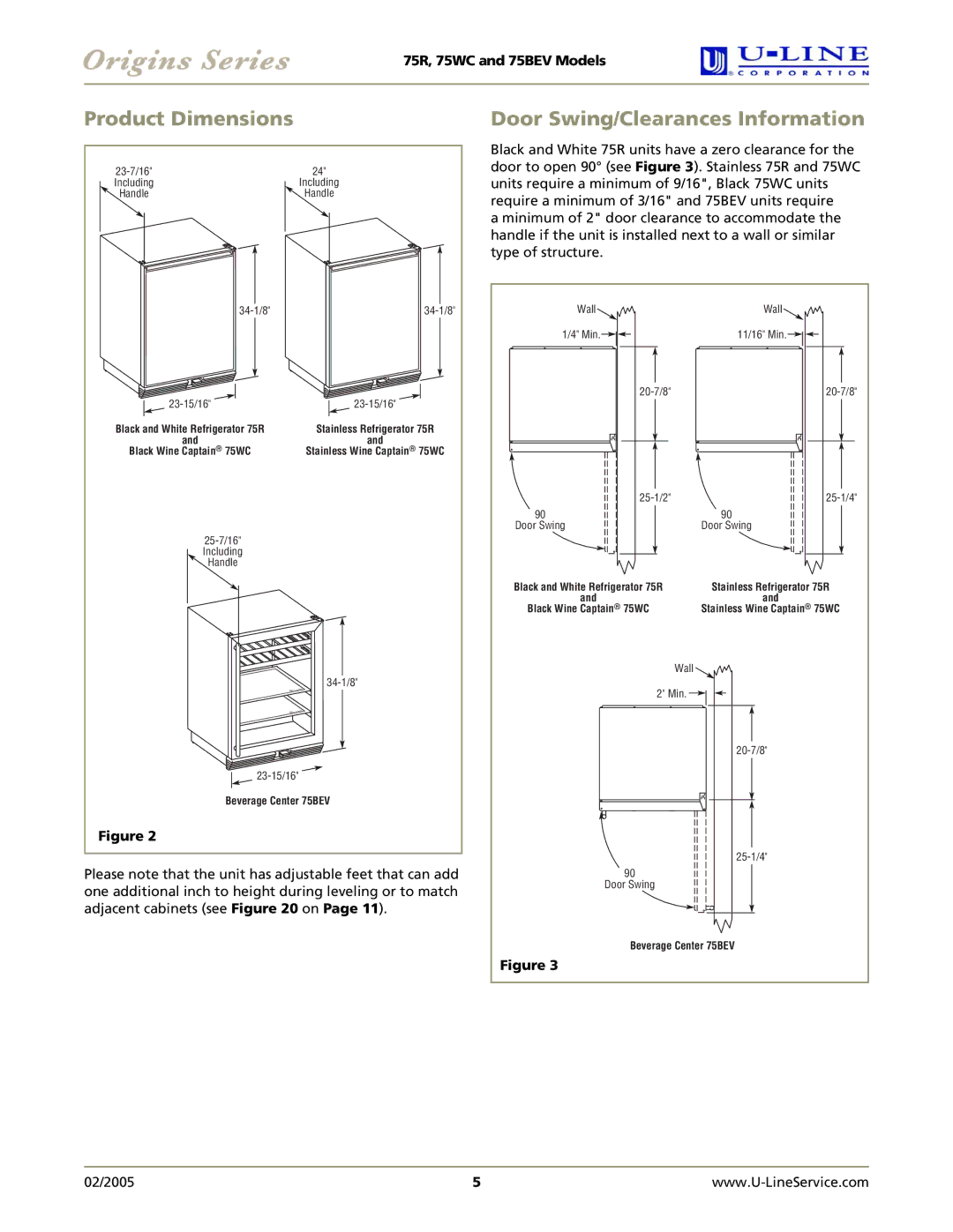 U-Line 75WC, 75R, 75BEV manual Product Dimensions, Door Swing/Clearances Information 