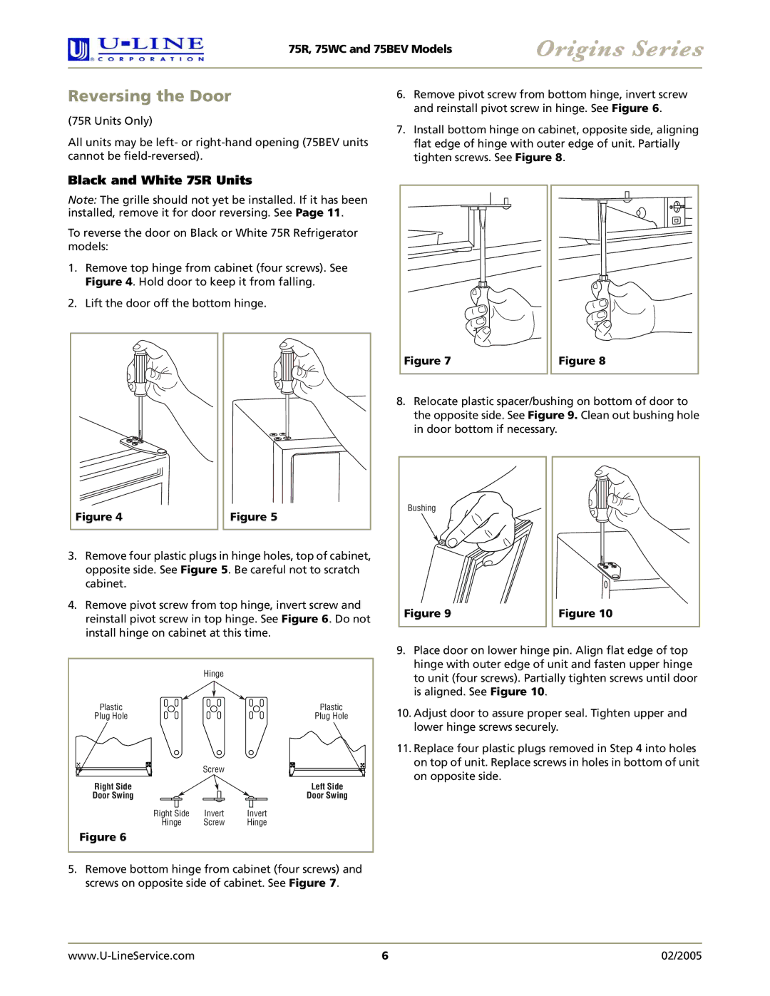 U-Line 75BEV, 75WC manual Reversing the Door, Black and White 75R Units 