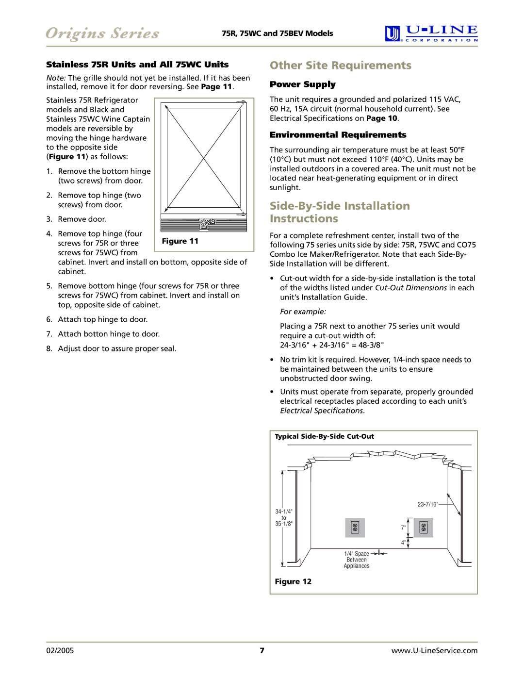 U-Line 75BEV manual Other Site Requirements, Side-By-Side Installation Instructions, Stainless 75R Units and All 75WC Units 