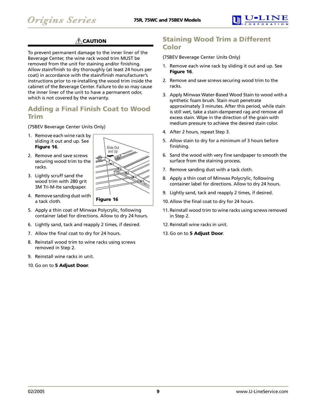 U-Line 75R, 75BEV, 75WC manual Adding a Final Finish Coat to Wood Trim, Staining Wood Trim a Different Color 