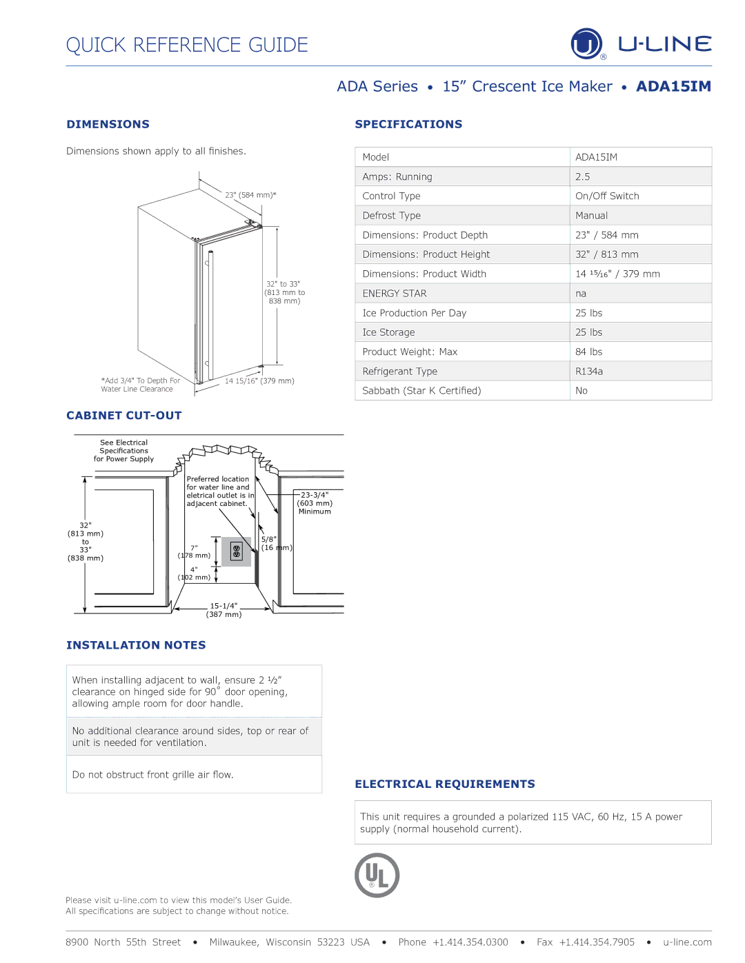 U-Line manual ADA Series 15 Crescent Ice Maker ADA15IM 