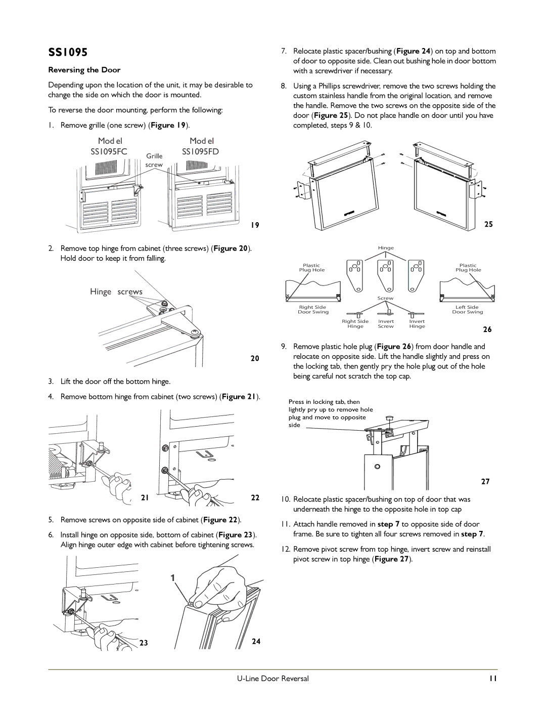 U-Line ADA15IM manual SS1095, Underneath the hinge to the opposite hole in top cap, 2324 